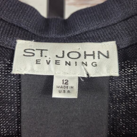St. John Evening Knit Blazer Black Size 12 Leather Velvet Trim - Picture 3 of 7